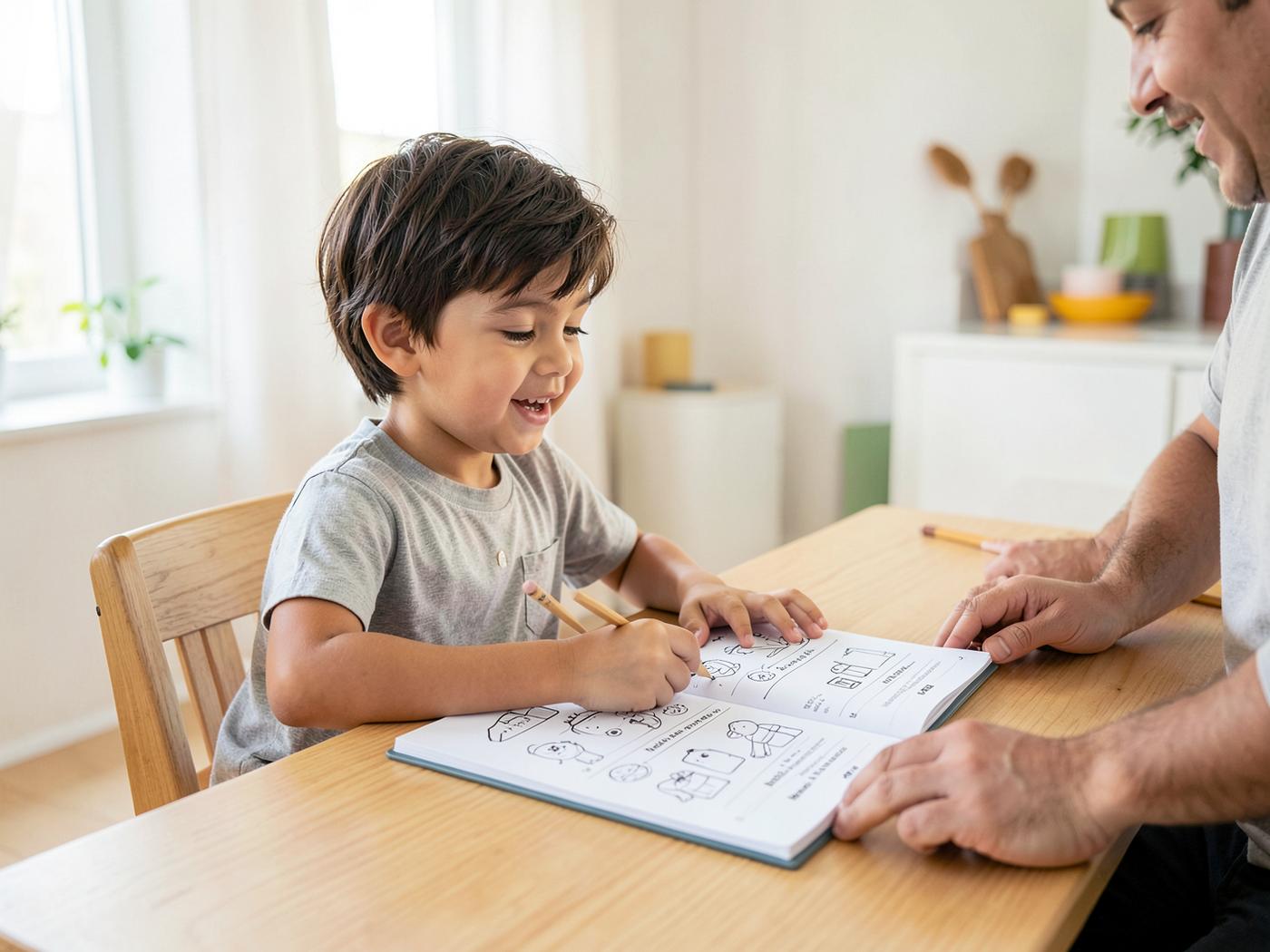 Criança realizando uma atividade em inglês com orientação de um responsável
